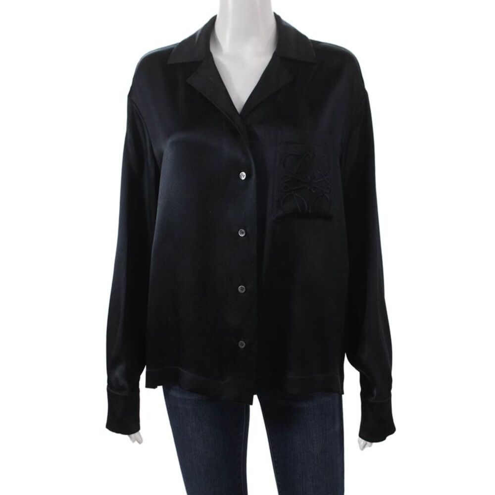Loewe Womens Silk Collared Button-Up Blouse Black Long Sleeve Basic Size S